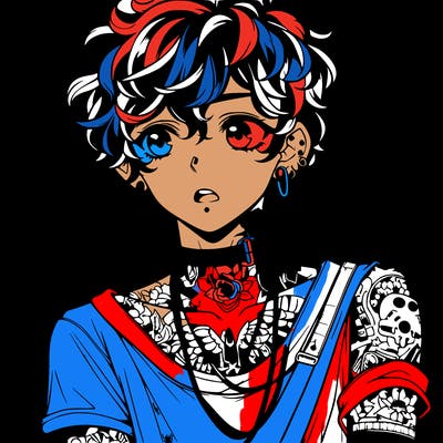 teen anime boy with curly hair  goth shirt lots of tattos and piercings