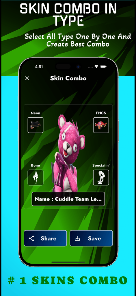 Battle Royale Stats: Fortnite - Interface of the Fortnite skin combo creator featuring Cuddle Team Leader skin and customization options