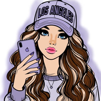 realistic beautiful girl wearing los ángeles cap holding an iphone