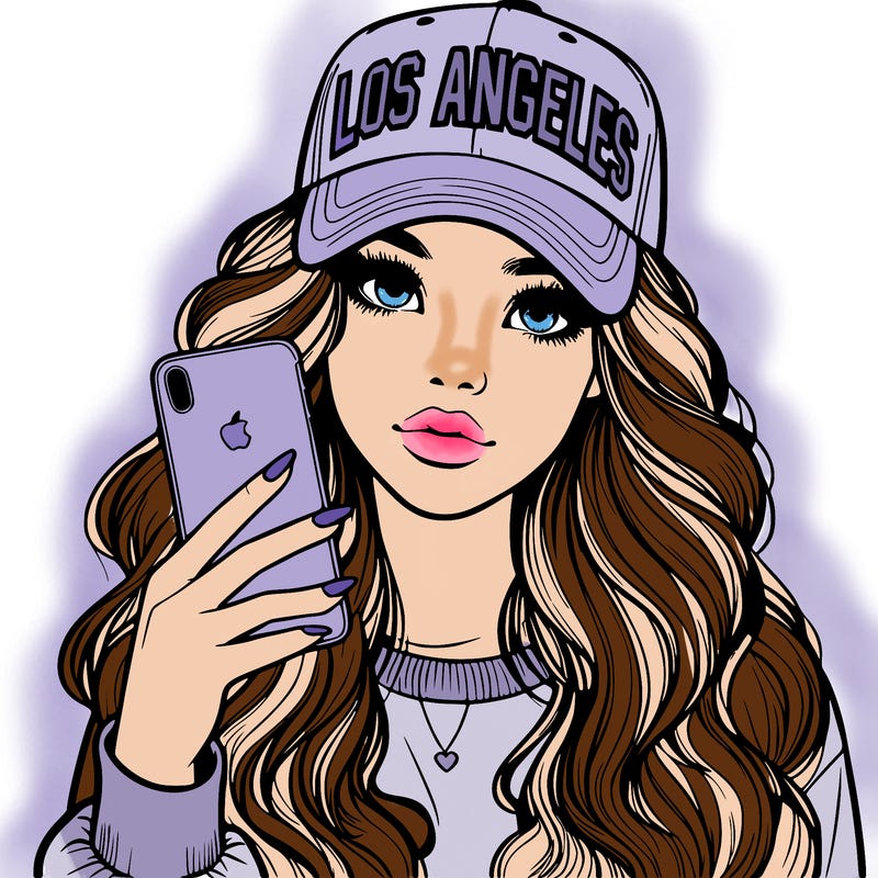 realistic beautiful girl wearing los ángeles cap holding an iphone