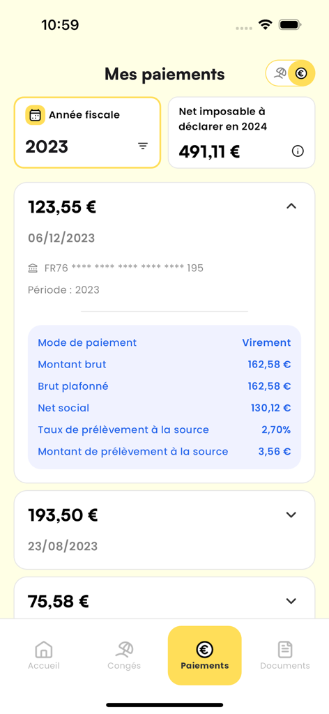 Payment history screen of the CIBTP and Moi app showing income and tax details for construction professionals