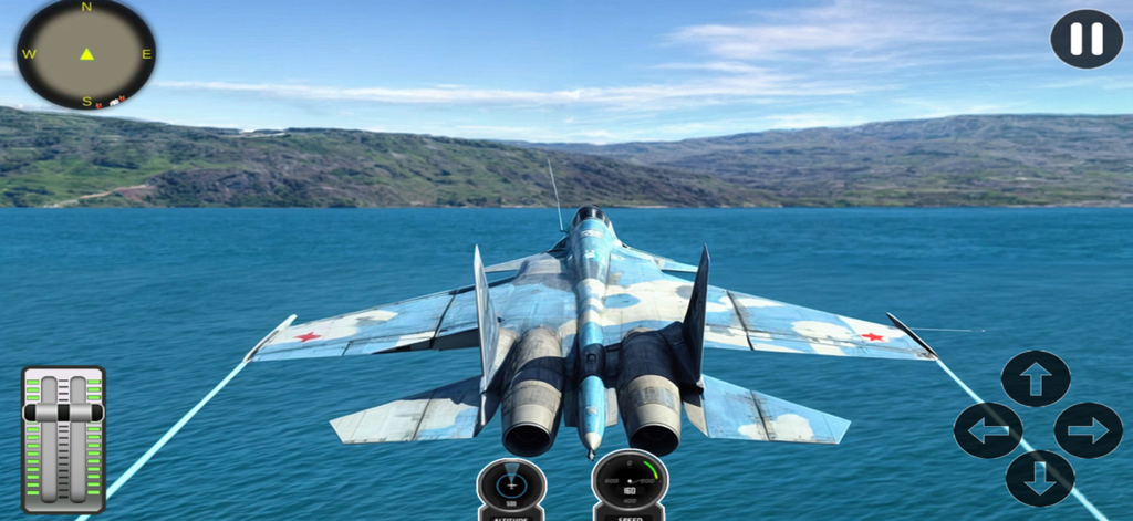 Flight Simulator & Plane Game - A military fighter jet flying over a blue ocean and green hills in a 3D flight simulator game