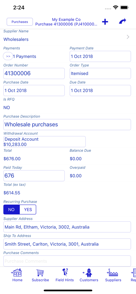 Bookkeeping - Pantalla de entrada de compras en la aplicación Bookkeeping mostrando detalles de la transacción y del proveedor.