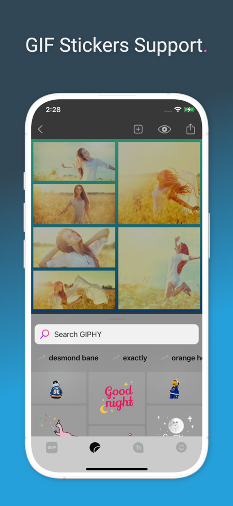 Video Collage Maker: Pic Mix - Video Collage Maker app interface showing a photo collage and a GIPHY sticker search integration.