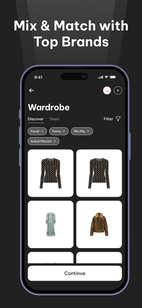 AI Fashion Designer Try-On - Mobile app screen showing a digital wardrobe interface with clothing items and filters for brands like Fendi Puma and Miu Miu