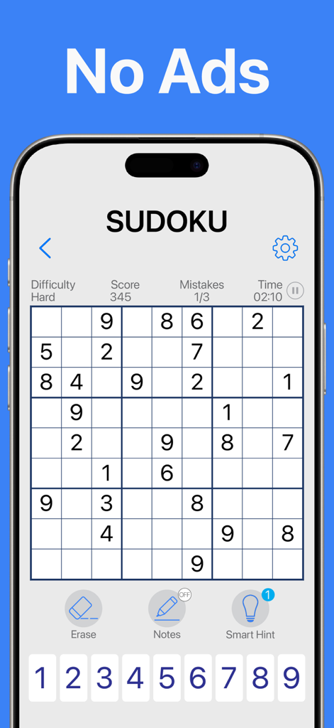 Sudoku No Ads - 광고 없는 경험을 강조하는 아이폰 화면의 미니멀리스트 스도쿠 퍼즐 그리드