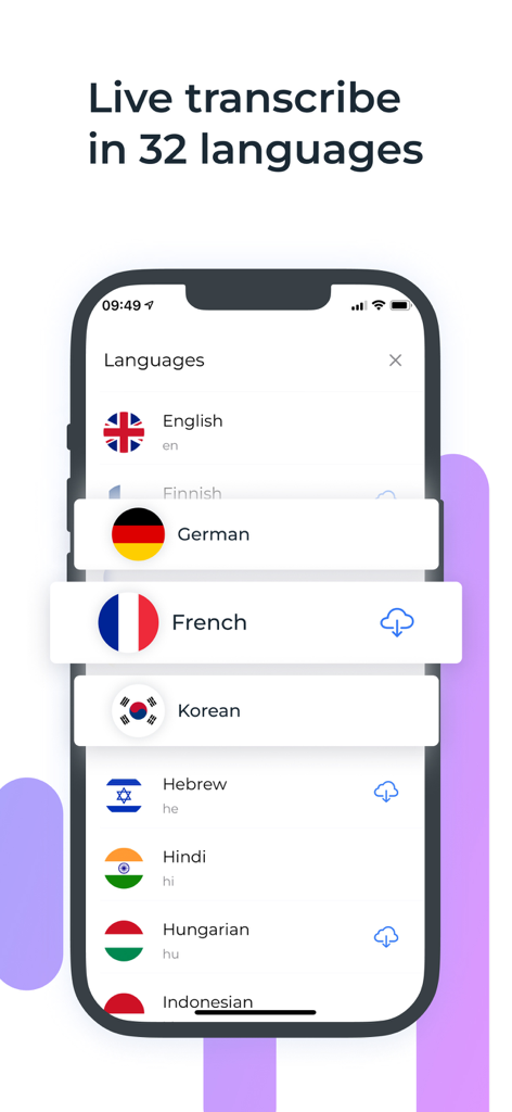 Translate Me - Translator - List of 32 languages for live transcription in the Translate Me app