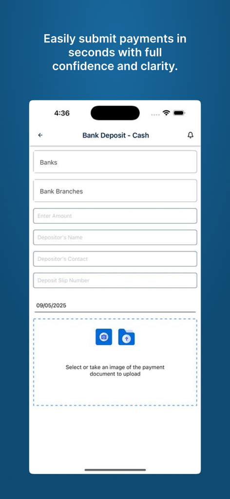 Karibu HM - Interface of Karibu HM app for entering bank deposit details and uploading payment proof