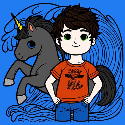 a boy and a wave behind him and the boys is wearing a shirt that says camp have blood a pegasus