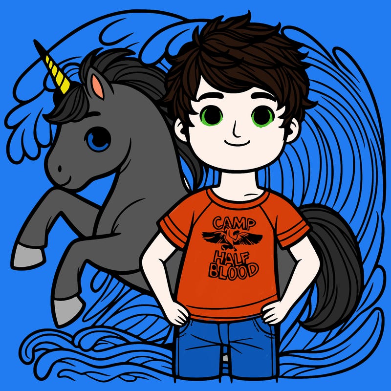 a boy and a wave behind him and the boys is wearing a shirt that says camp have blood a pegasus