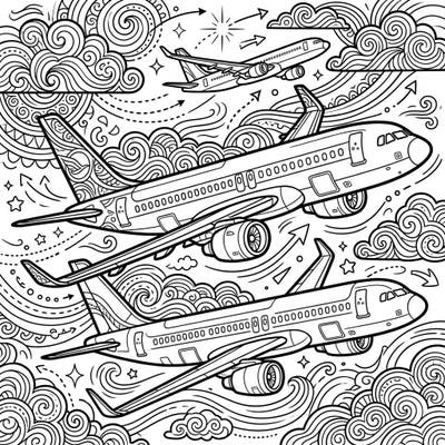 Embark on an aerial adventure with this intricate coloring page featuring powerful commercial airplanes. Get ready to add your vibrant touch to these majestic aircraft soaring through stylized skies.