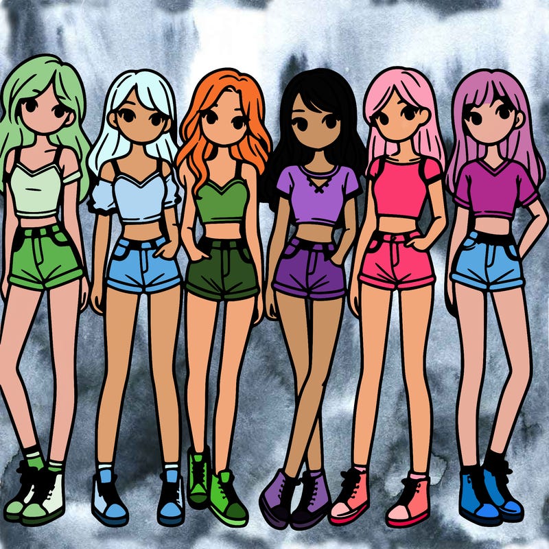 a group of girls wearing crop tops and shorts