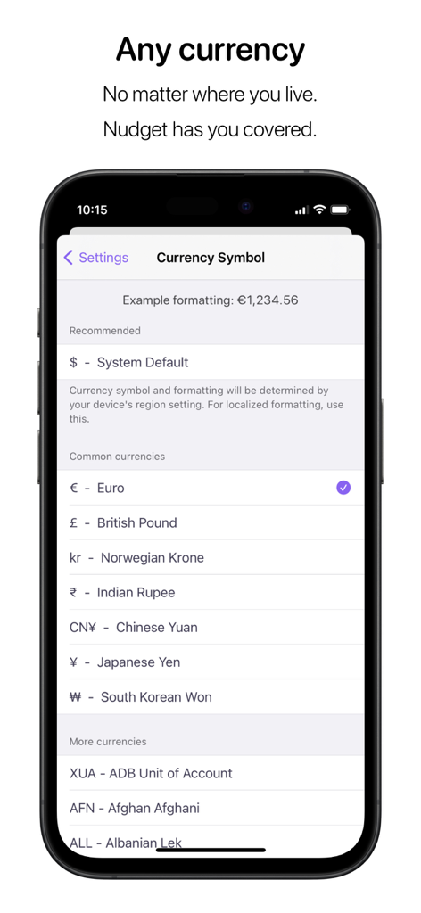 Nudget app currency selection screen showing various international currency symbols