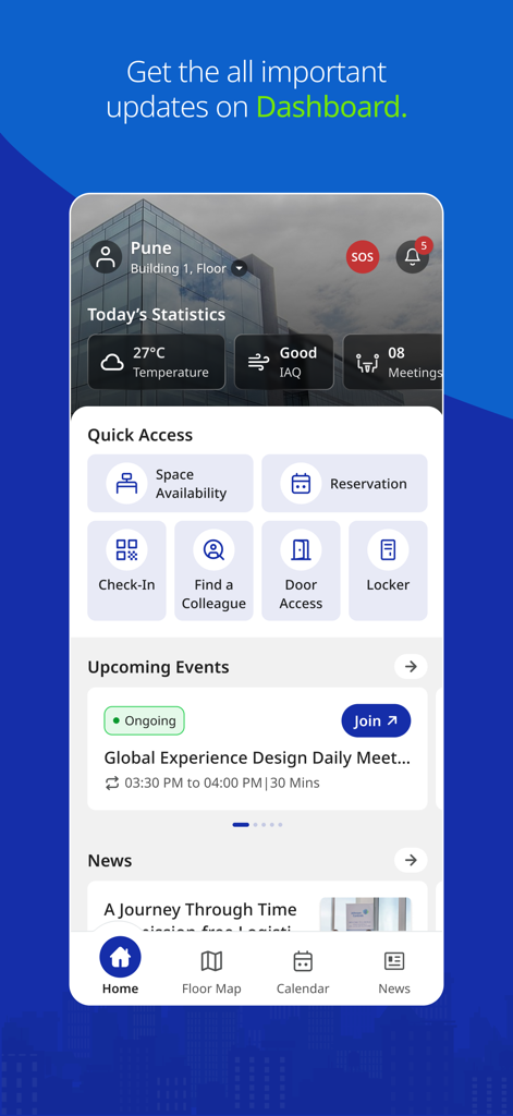RBC Workplace - Panel móvil de la aplicación RBC Workplace que muestra estadísticas del entorno de la oficina y herramientas de acceso rápido
