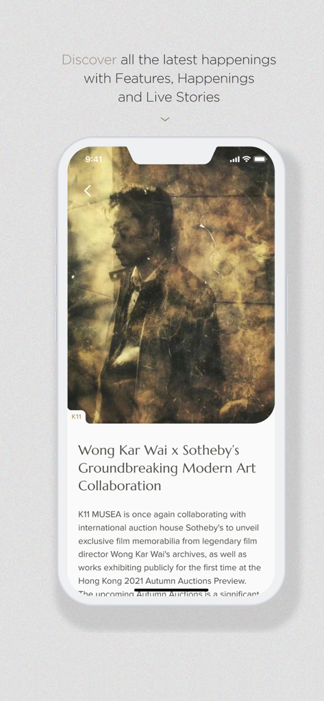 K11 HK - K11 HK App Live Magazine-Bildschirm mit einem Artikel über die Kunstkollaboration von Wong Kar Wai und Sotheby's im K11 MUSEA.