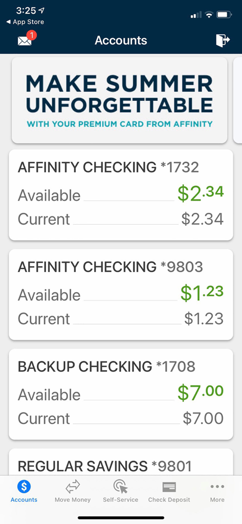 Affinity Federal Credit Union - Affinity Federal Credit Union app account overview screen showing checking and savings balances
