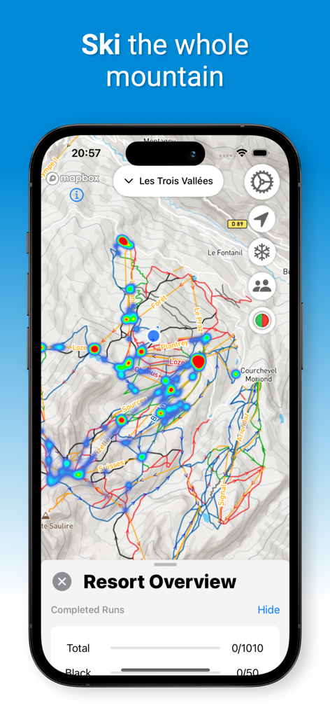 LastLift - Ski & Snowboard - Smartphone screen displaying the LastLift app resort map with a heatmap and run completion statistics.