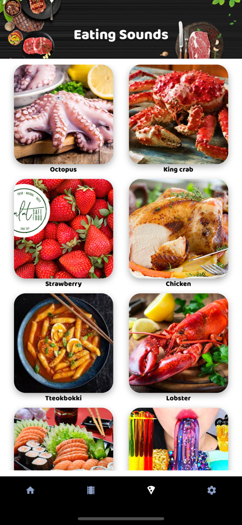 Un menú de disparadores de sonidos al comer en la aplicación ASMR Sound que presenta imágenes de pulpo, cangrejo real y fresas