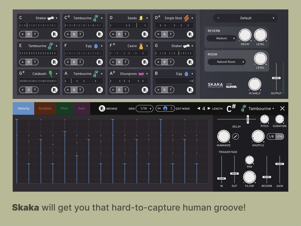 Skaka - Shaken Percussion - Skaka app user interface showing the shaken percussion sequencer and effect controls