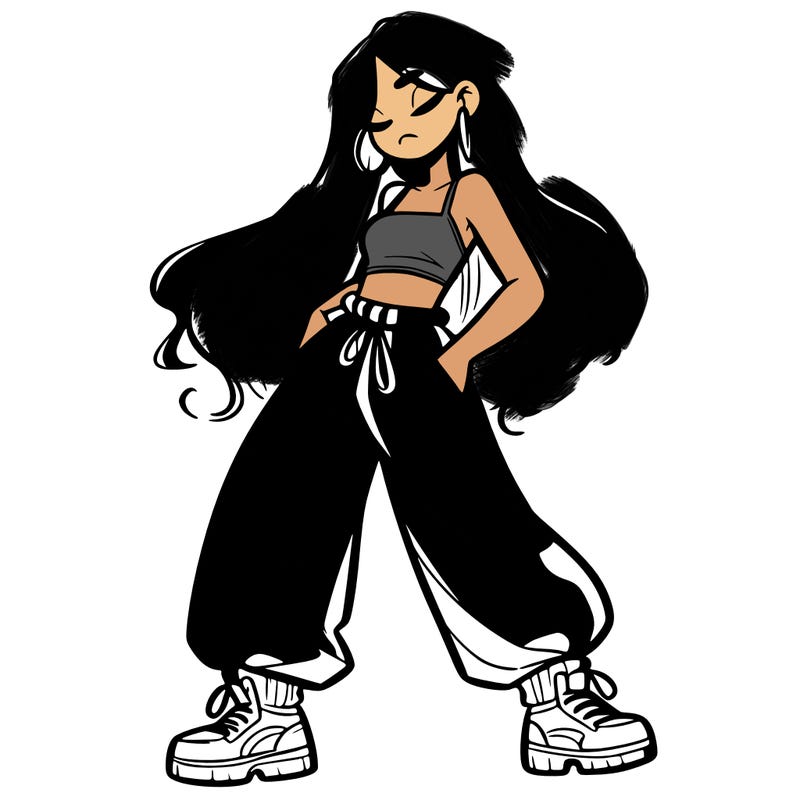 girl in baggy pants crop top and long hair