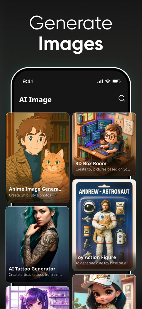 Mobile app interface showing different AI image generation styles including anime and 3D toy figures