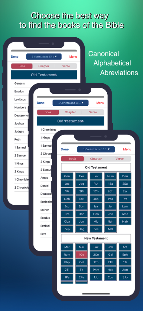 Interface showing canonical alphabetical and abbreviated book selection in the KJV Bible app