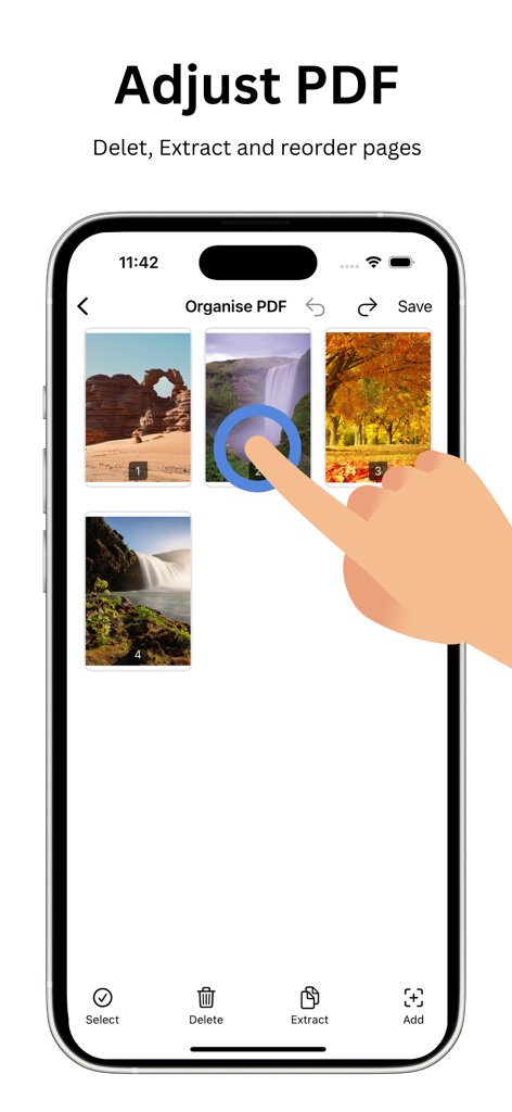 PDF Maker & Converter - PDFAPP - Mobile app screen for organizing PDF pages by reordering and deleting thumbnails