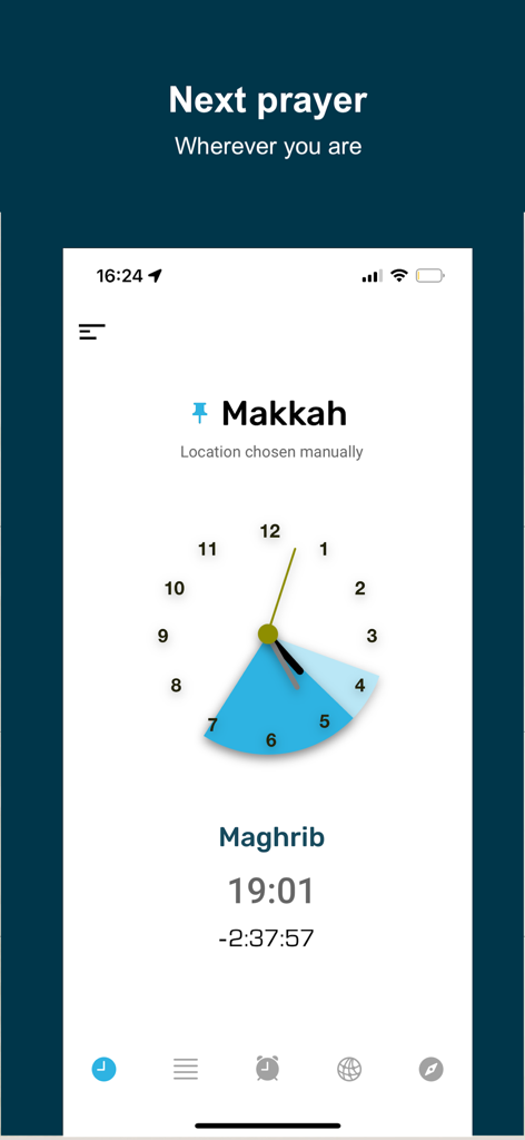 Salatuk app interface showing the next prayer time for Maghrib with a visual clock and countdown timer