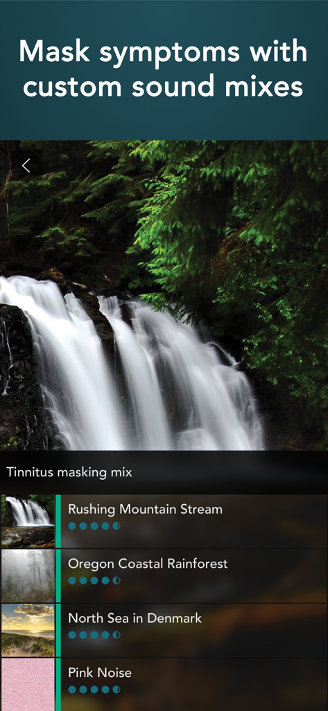 Tinnitus HQ - Interface do aplicativo Tinnitus HQ mostrando um mix de som personalizado para alívio de sintomas com gravações da natureza e ruído rosa.