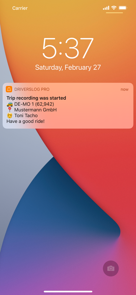 iPhone lock screen showing a notification from Driverslog Pro 2 that automatic trip recording has started