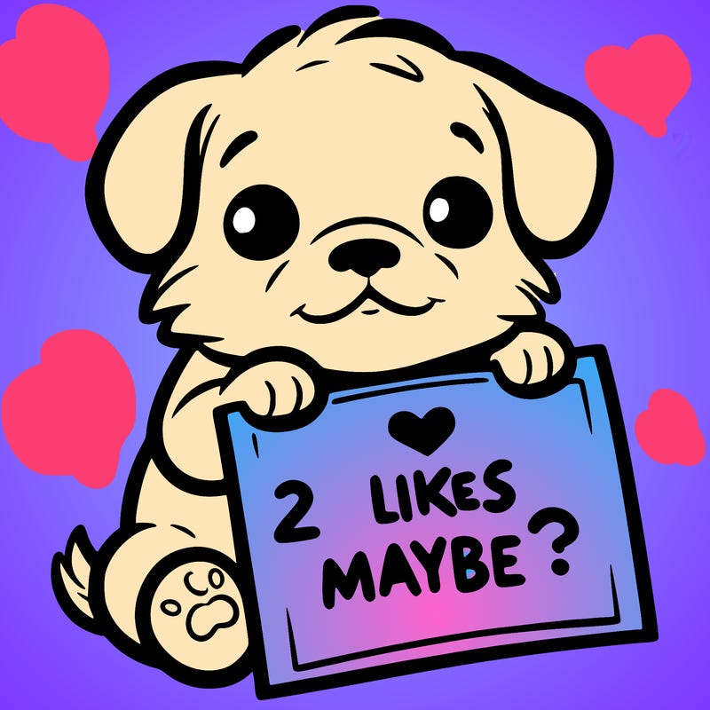 a puppy holding a sign that says 2 likes maybe?