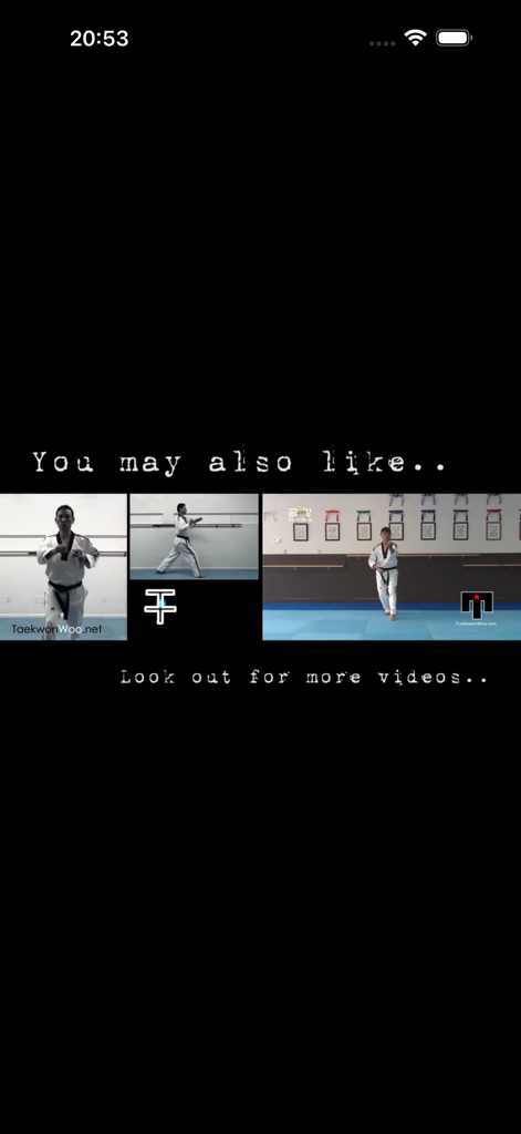 WTF Poomsae - WTF Poomsae app displaying a list of recommended Taekwondo form video tutorials.