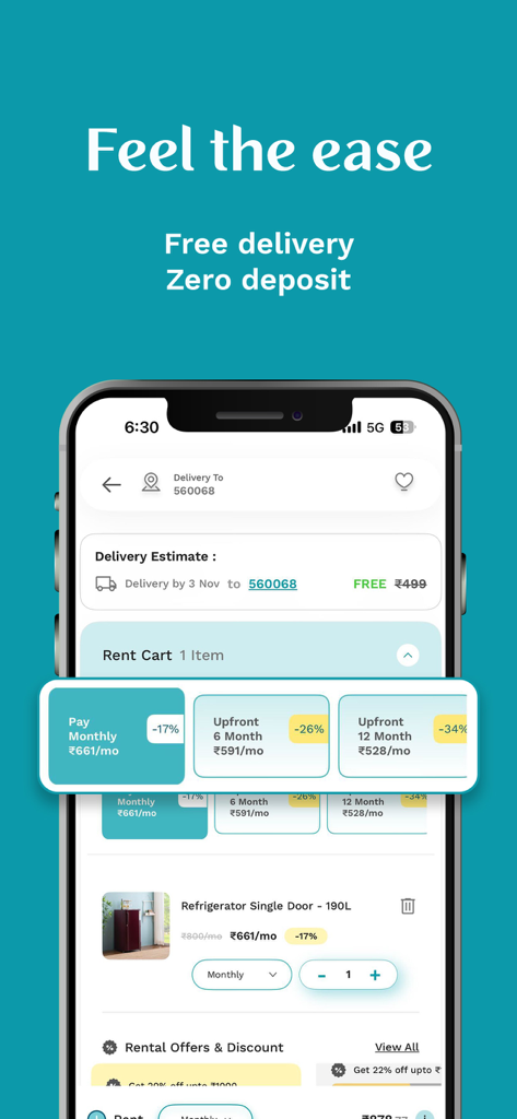 Furlenco - Schermata del carrello di noleggio dell'app Furlenco con opzioni di pagamento flessibili e avviso di consegna gratuita