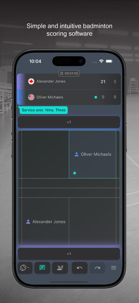 Badminton Scorer Pro - Badminton Scorer Pro app interface showing a live match scoreboard with player positions and umpire calls.