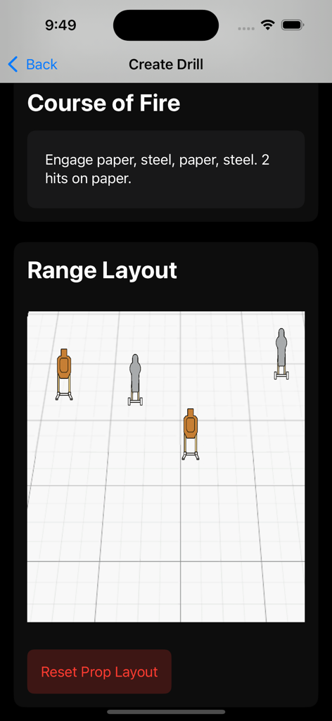 Drills 4 Skills - Drills 4 Skills app interface showing a custom shooting range layout design with targets and a course of fire description