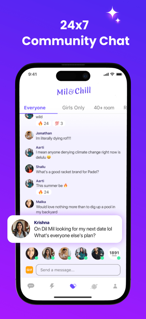 Screenshot of the Dil Mil community chat interface called Mil and Chill showing group conversations