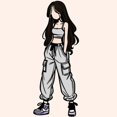 girl in baggy pants crop top and long hair