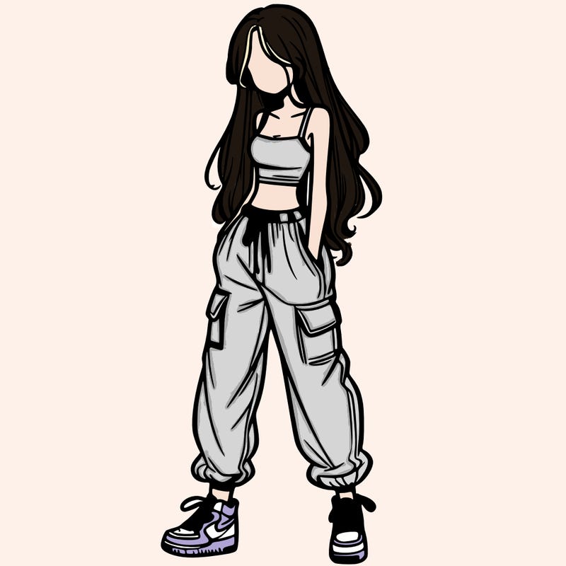 girl in baggy pants crop top and long hair