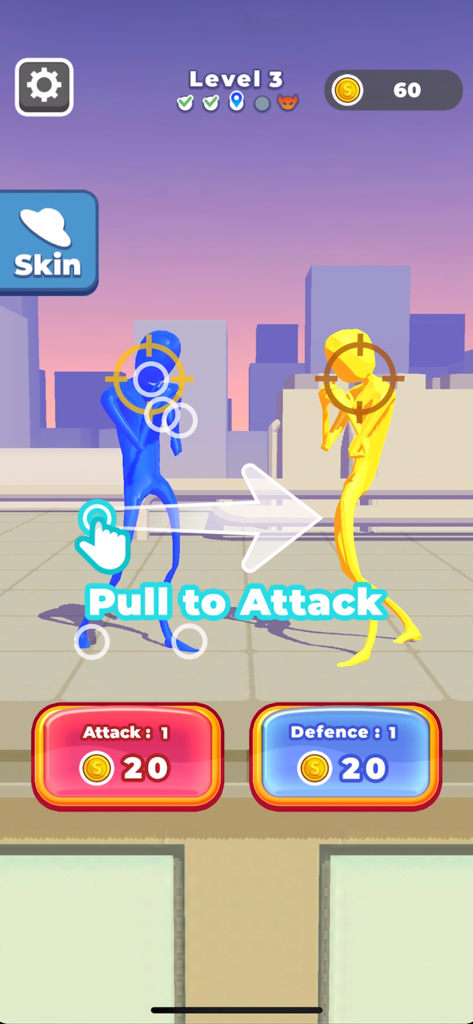 Gum Gum Battle - A blue stickman character and a yellow stickman character in Gum Gum Battle with a pull to attack prompt