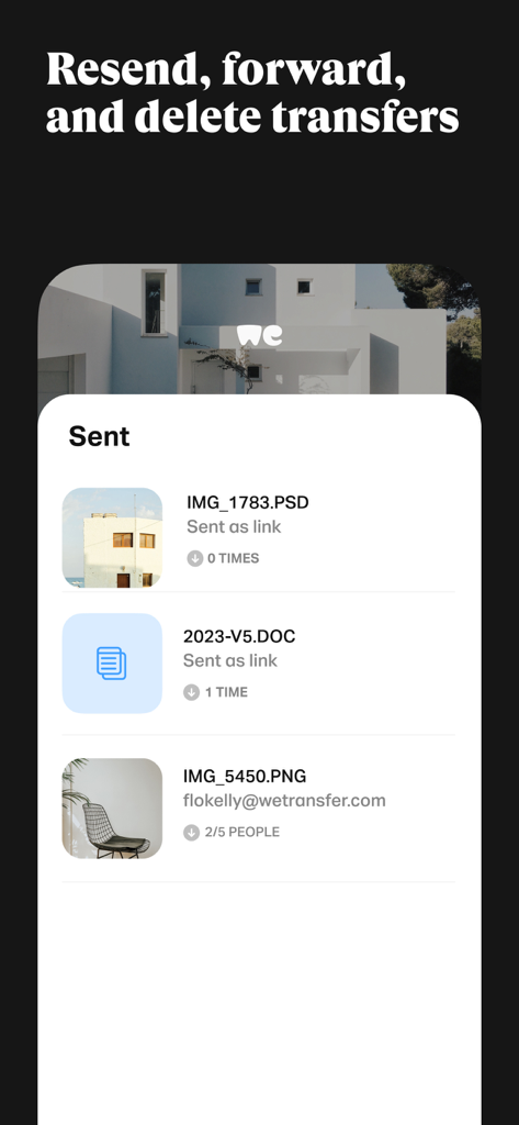 A list of sent files in the WeTransfer app showing download history and management options.