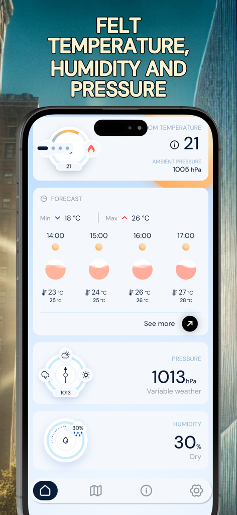体感温度、湿度、気圧を表示する体温計アプリ