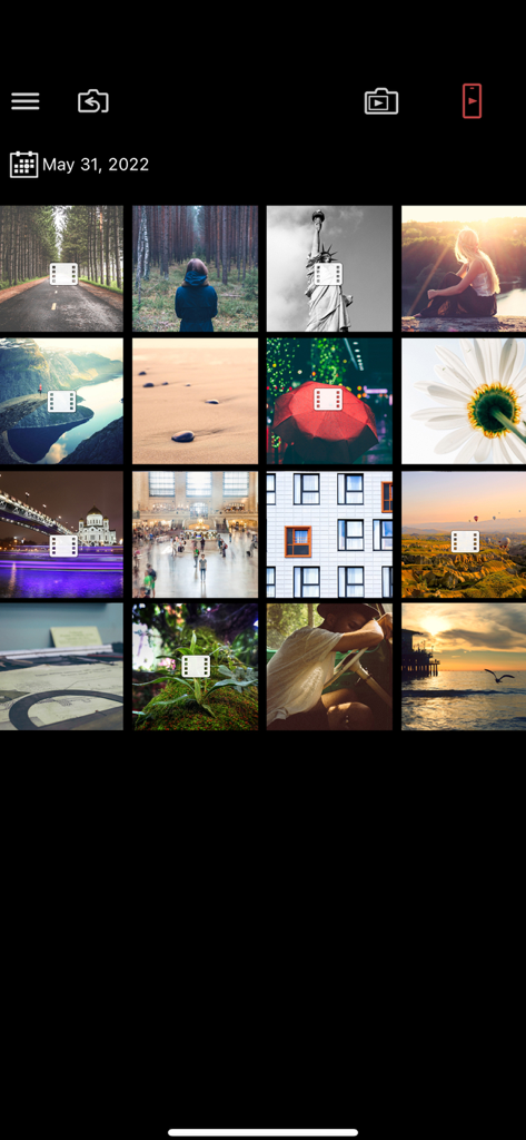 PIXPRO Remote Viewer - A grid view of photos and videos captured with a Kodak PIXPRO camera displayed in the mobile app gallery.