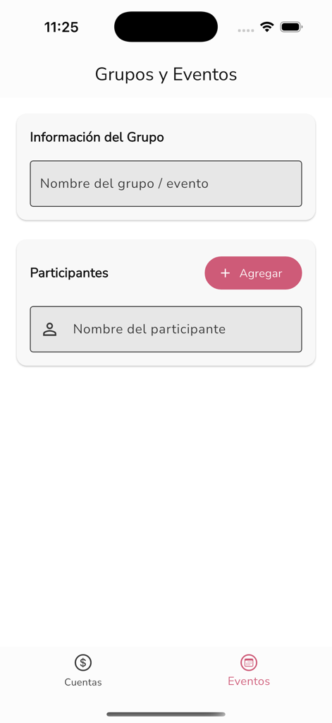 L'écran de création de groupes et d'événements dans l'application de partage de dépenses Cuenta Clara montrant les champs pour le nom du groupe et les noms des participants.