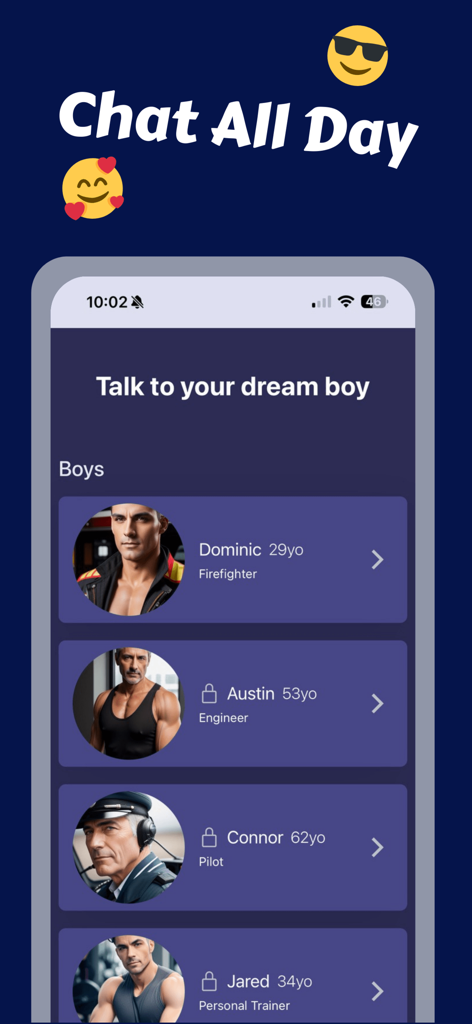 AI Boyfriend: Spicy Chat AI - La interfaz muestra una lista de personajes virtuales de novio IA con nombres y profesiones.