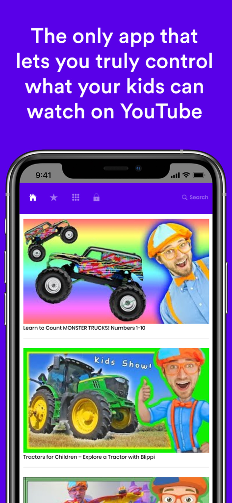 Safe Vision Kids for YouTube app interface on a smartphone showing parental control features and safe kids videos