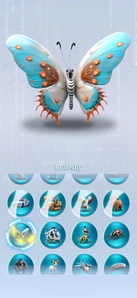 AI Robot Fusion Forge - Una gran mariposa robótica creada por fusión de IA sobre una cuadrícula de iconos de personajes