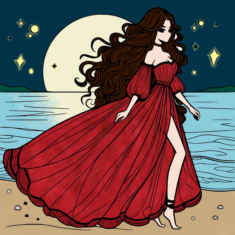 beautiful woman with a vaporous long dress walking on the beach at the noon, detailed art
