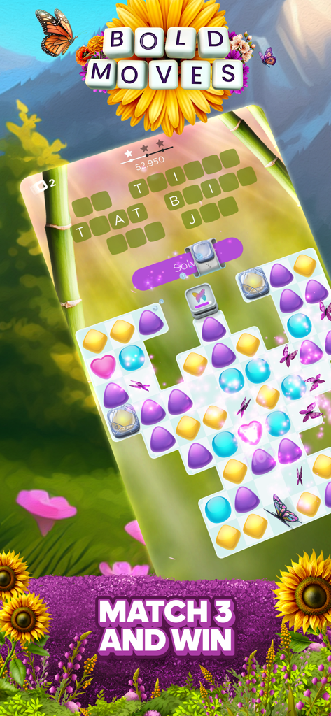 Bold Moves - Bold Moves gameplay showing a match 3 board and word puzzle grid with floral and nature themes