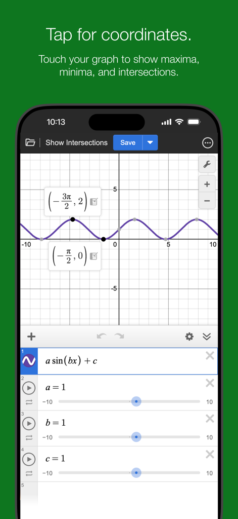 A sine wave graph on the Desmos app showing labeled coordinate points for maxima and intersections.