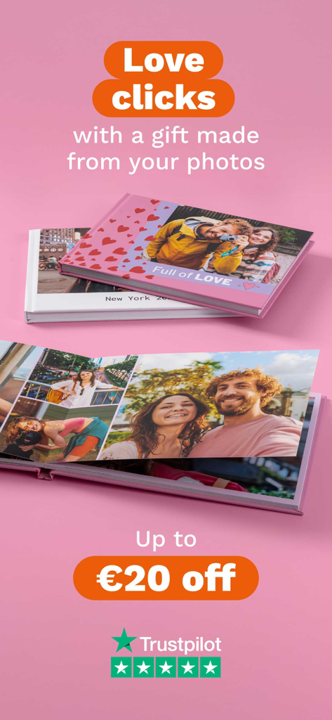 PhotoSi: Photobooks and prints - Oferta de desconto em álbuns de fotos personalizados e presentes fotográficos do aplicativo PhotoSi com classificação do Trustpilot.
